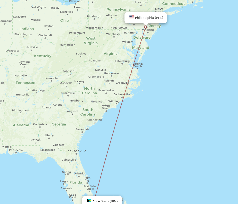 PHL-BIM flight routes