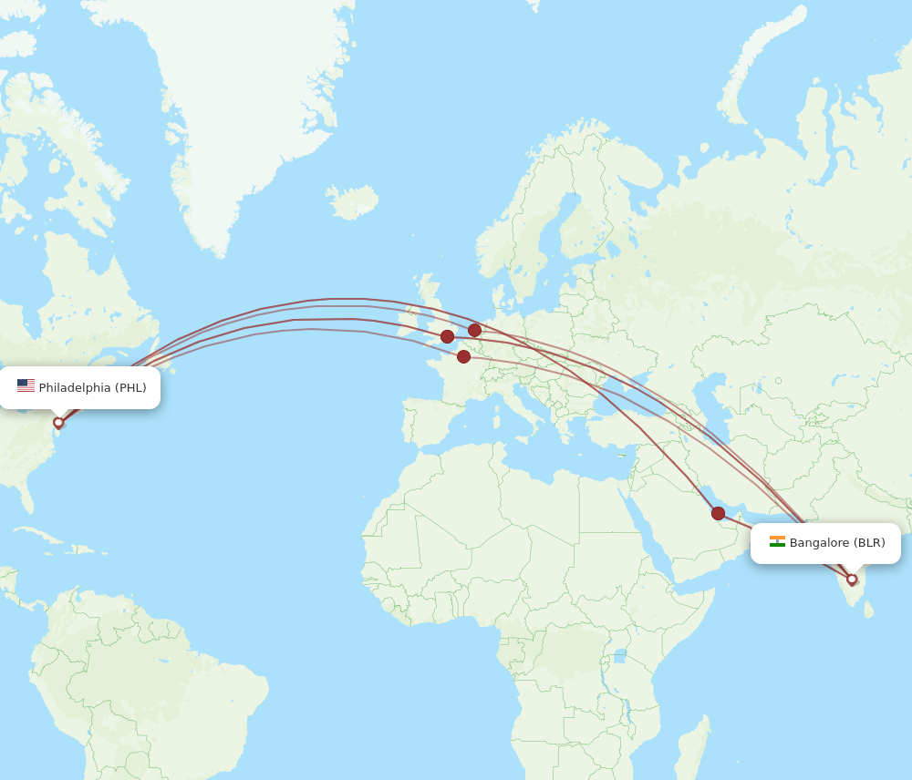 PHL-BLR flight routes