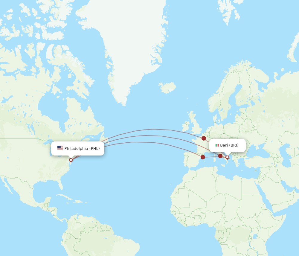 PHL to BRI flights and routes map