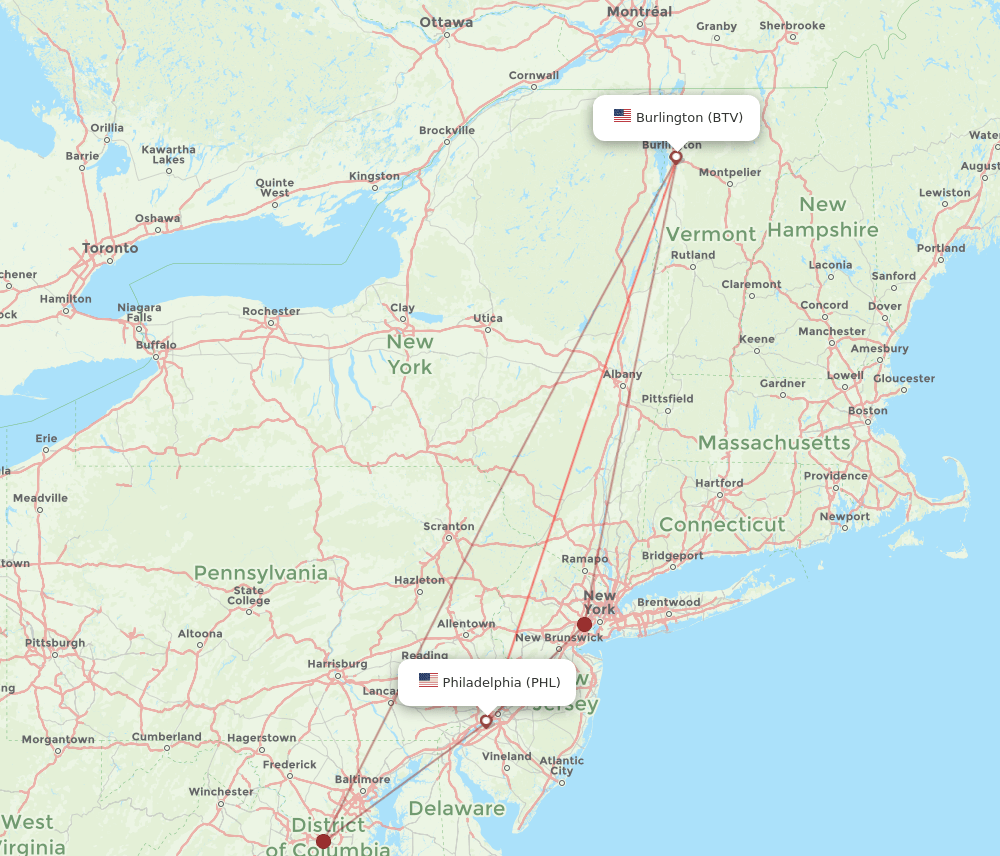 PHL to BTV flights and routes map