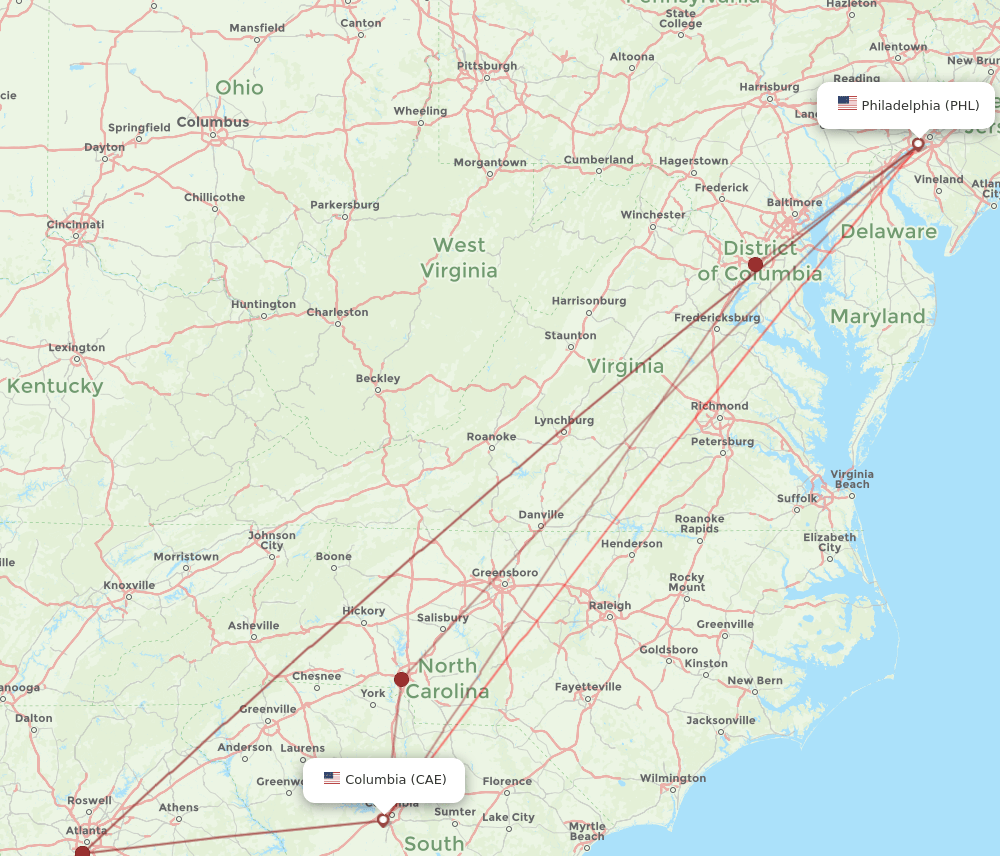 PHL to CAE flights and routes map