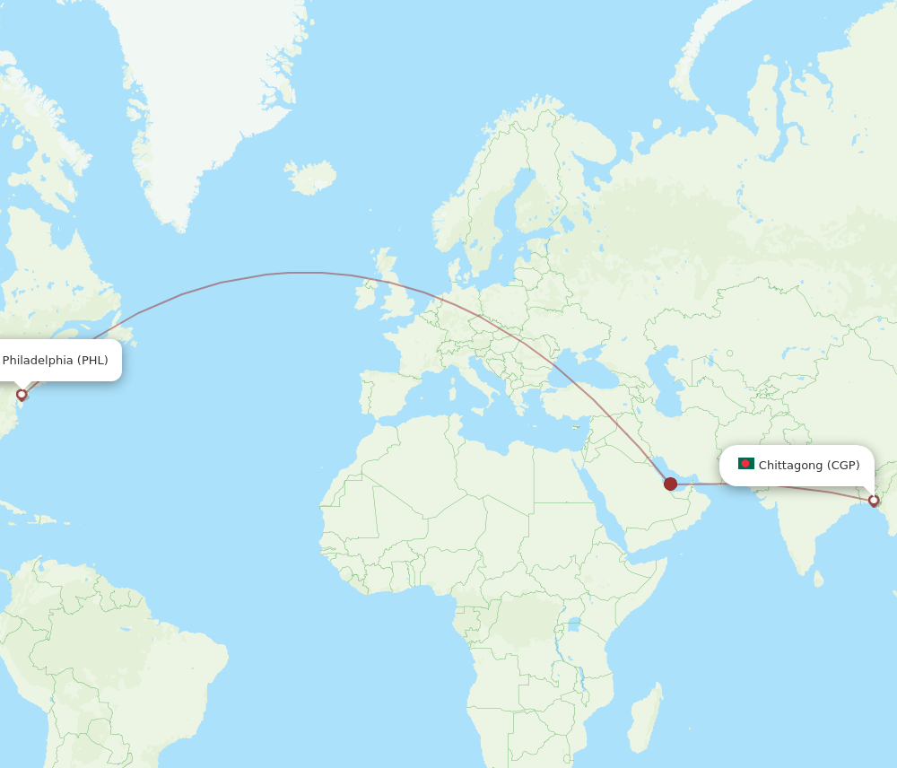 Chittagong - Philadelphia route map and flight paths