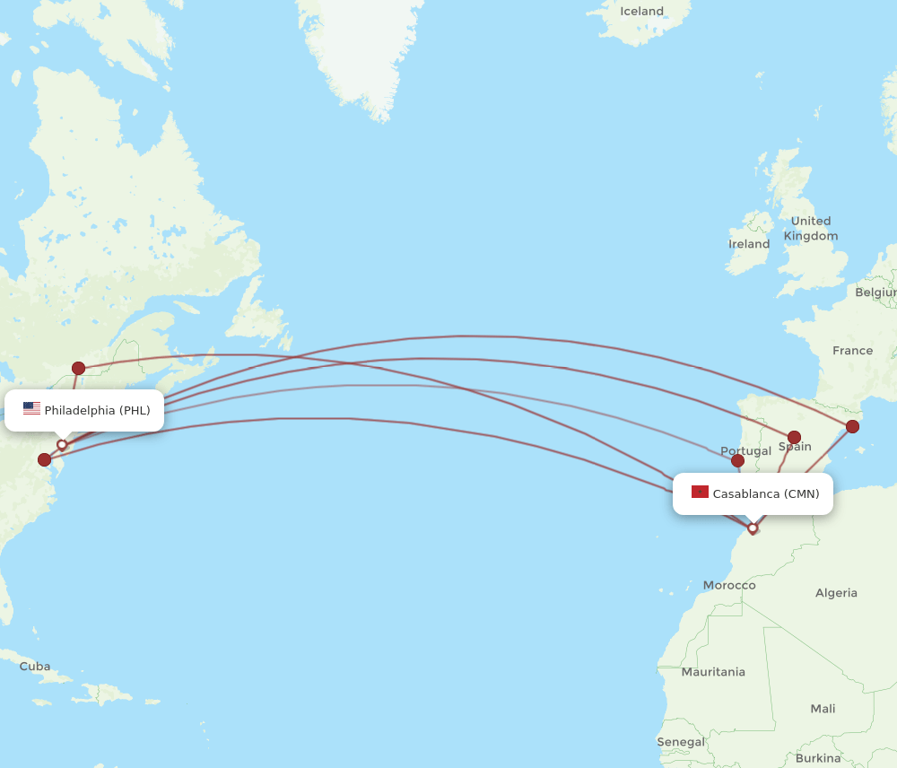 PHL to CMN flights and routes map