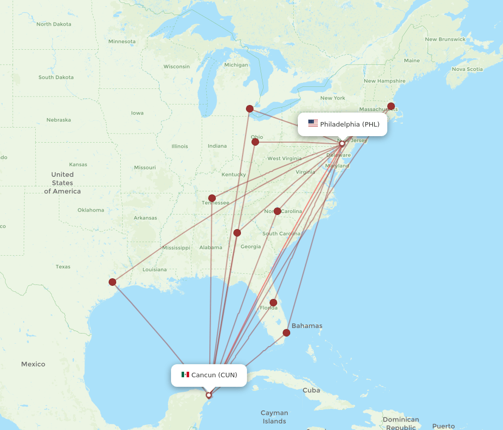 PHL-CUN flight routes