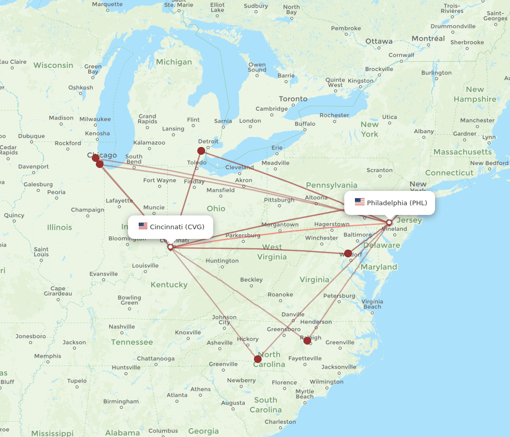 PHL-CVG flight routes