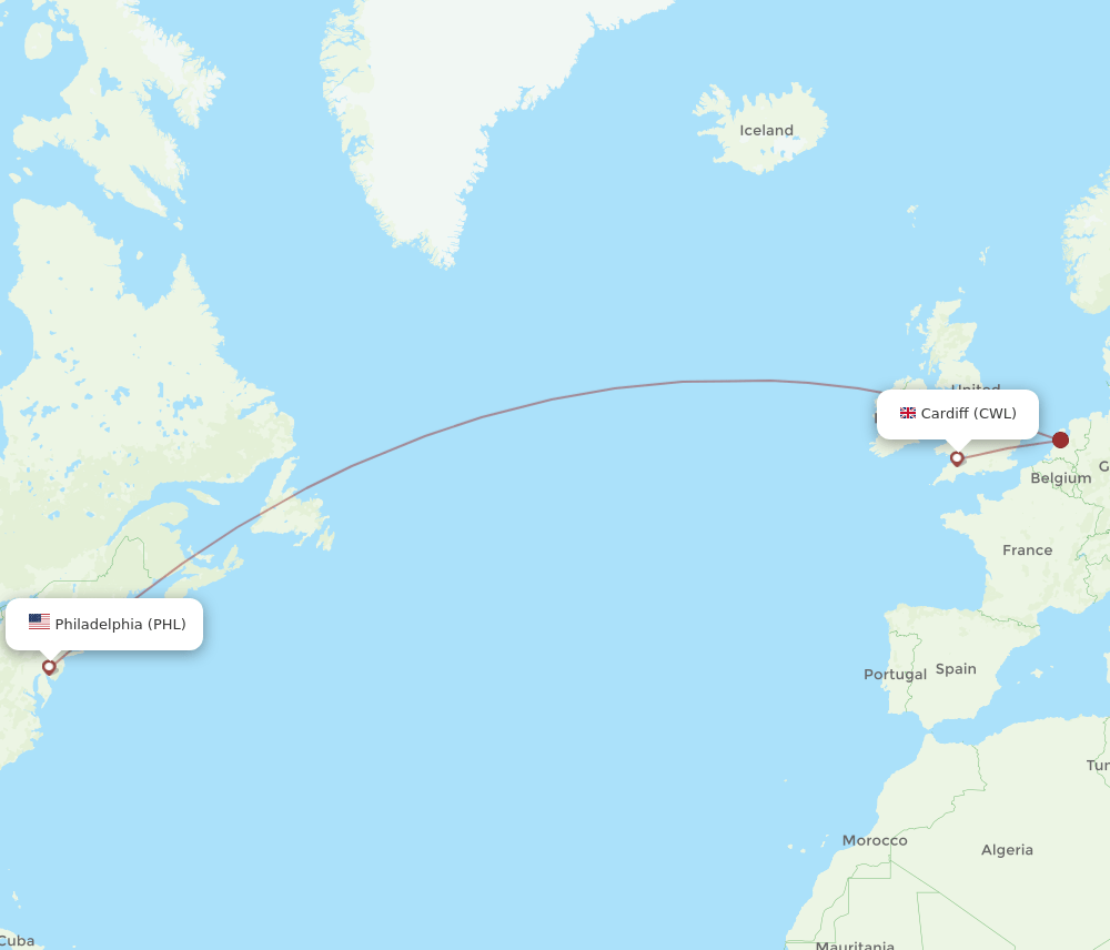 Philadelphia - Cardiff route map and flight paths