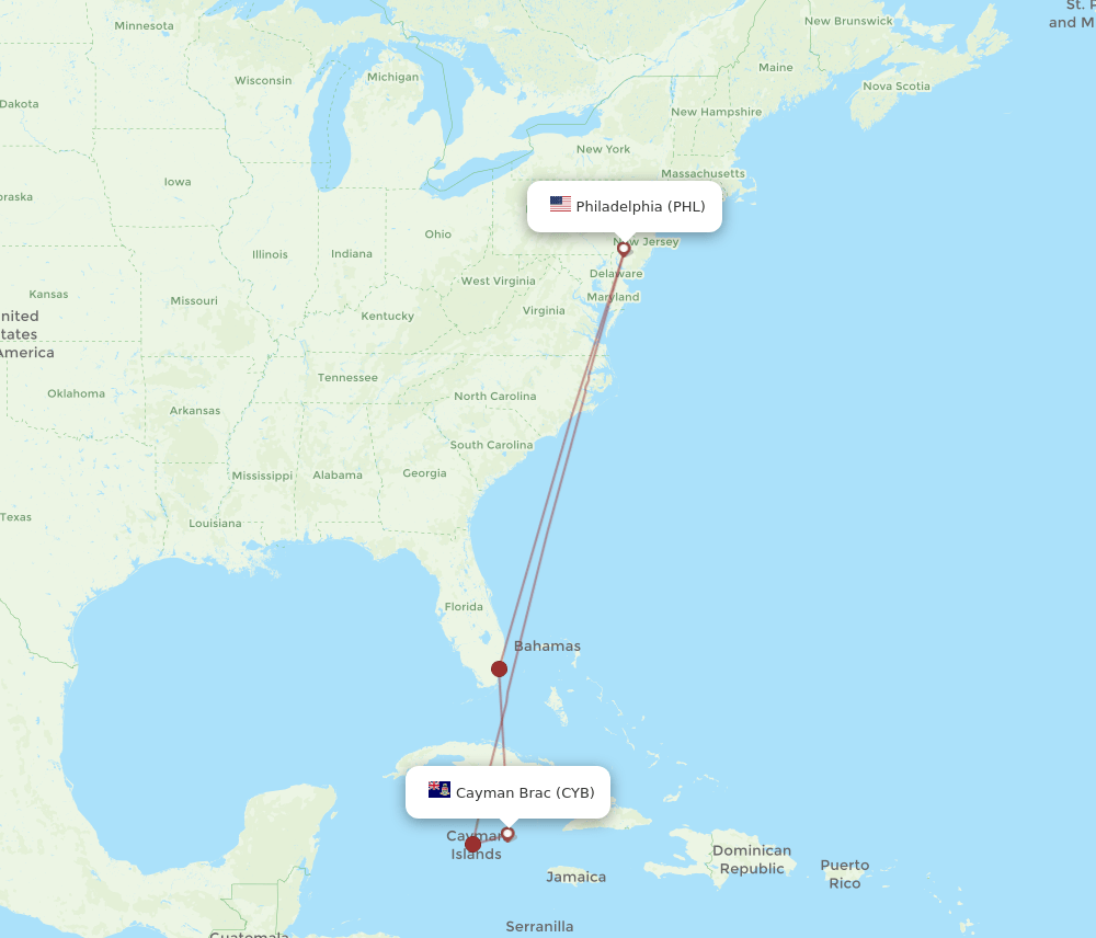 PHL to CYB flights and routes map