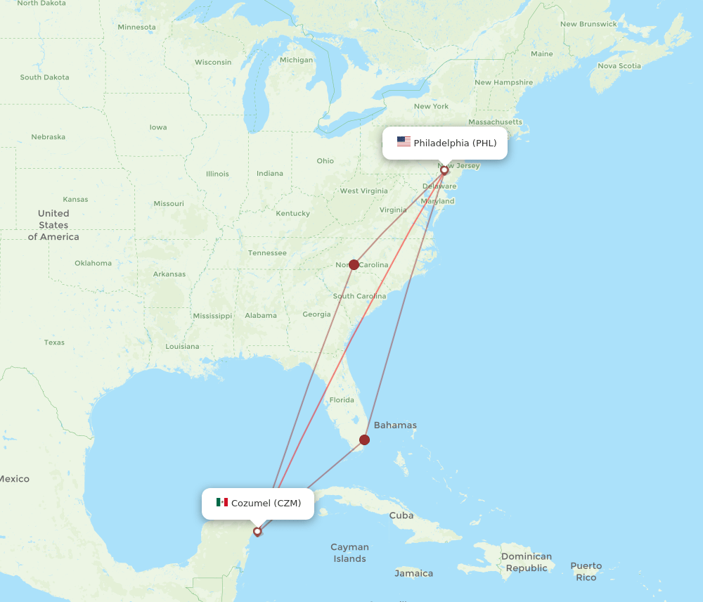 PHL to CZM flights and routes map