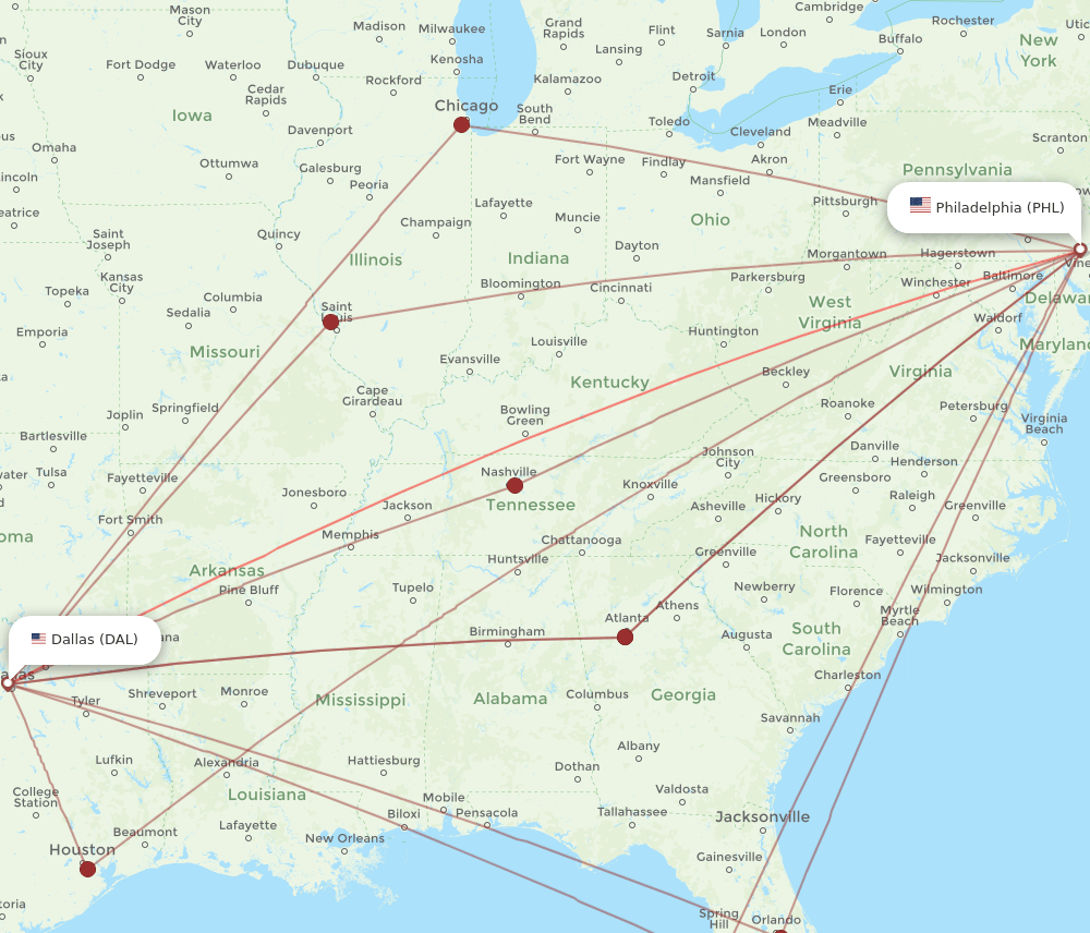 PHL-DAL flight routes