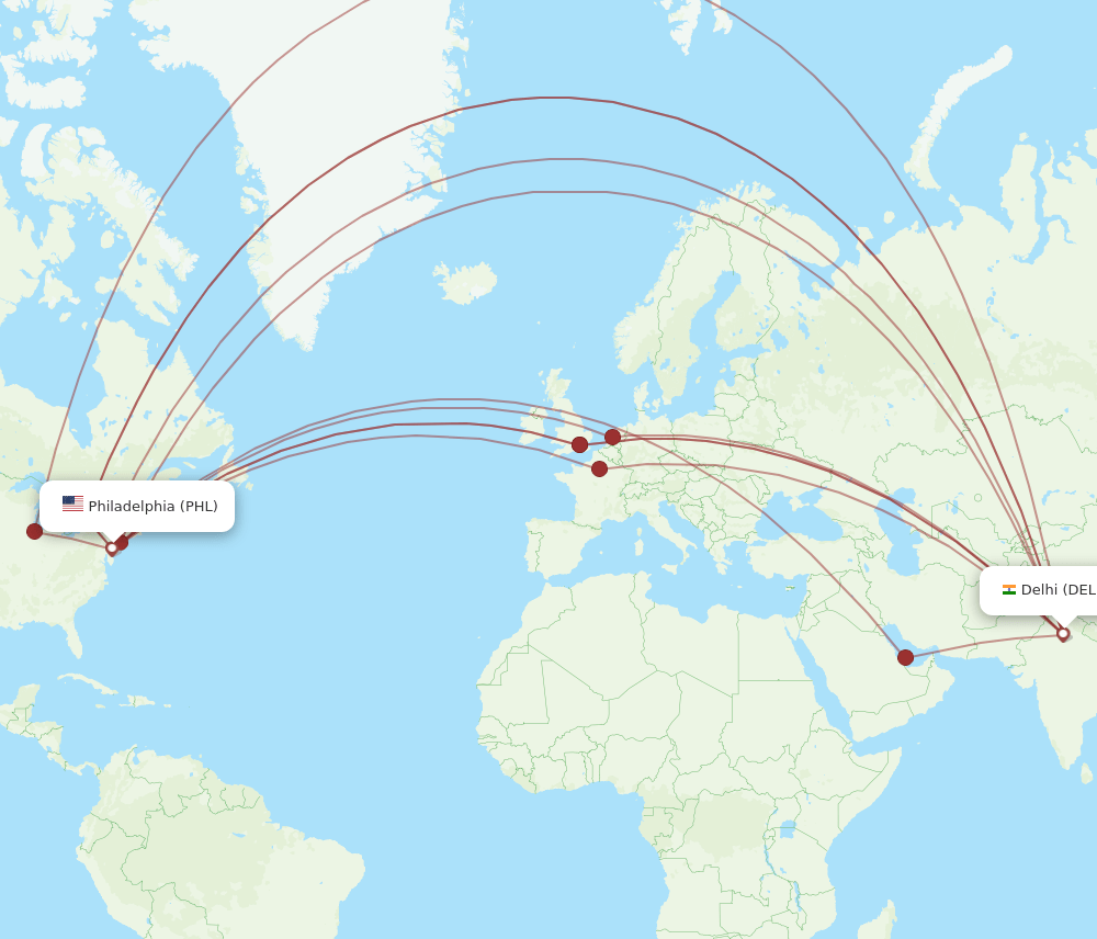 PHL to DEL flights and routes map