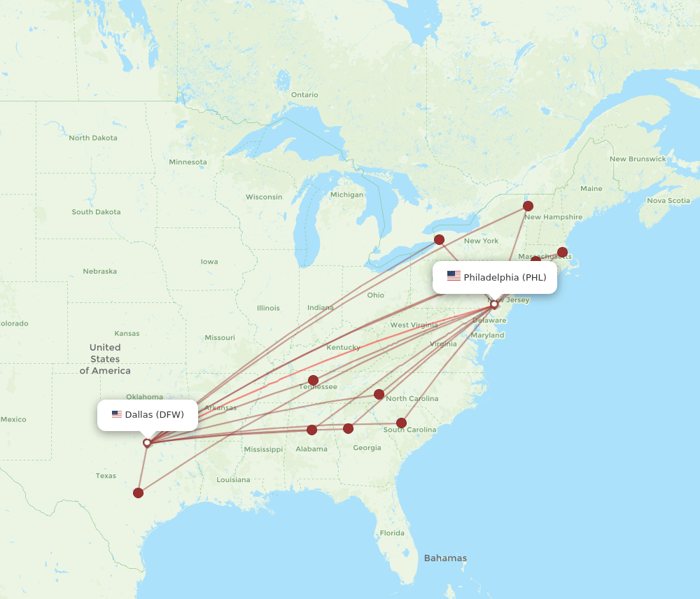 PHL-DFW flight routes