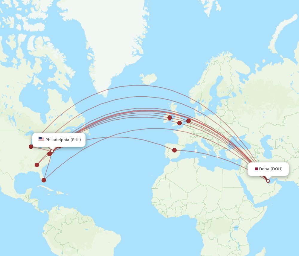 PHL to DOH flights and routes map