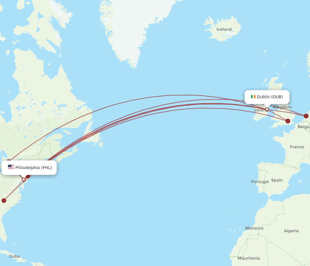 PHL to DUB flights and routes map