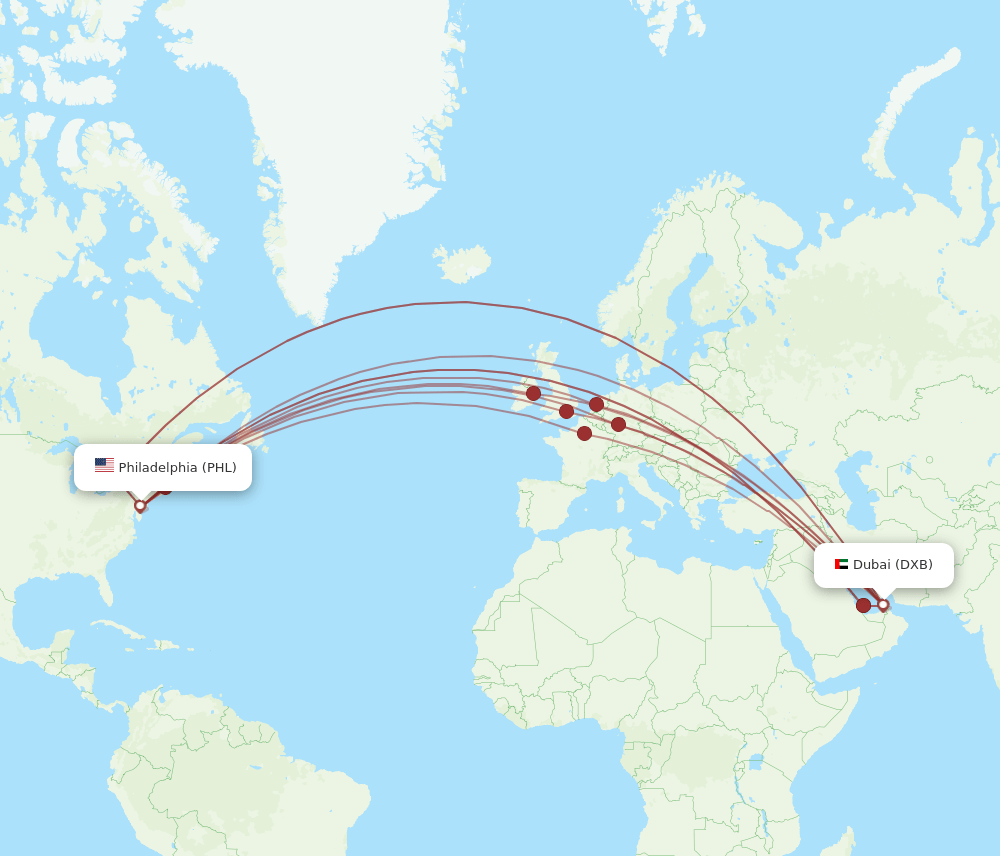 PHL-DXB flight routes