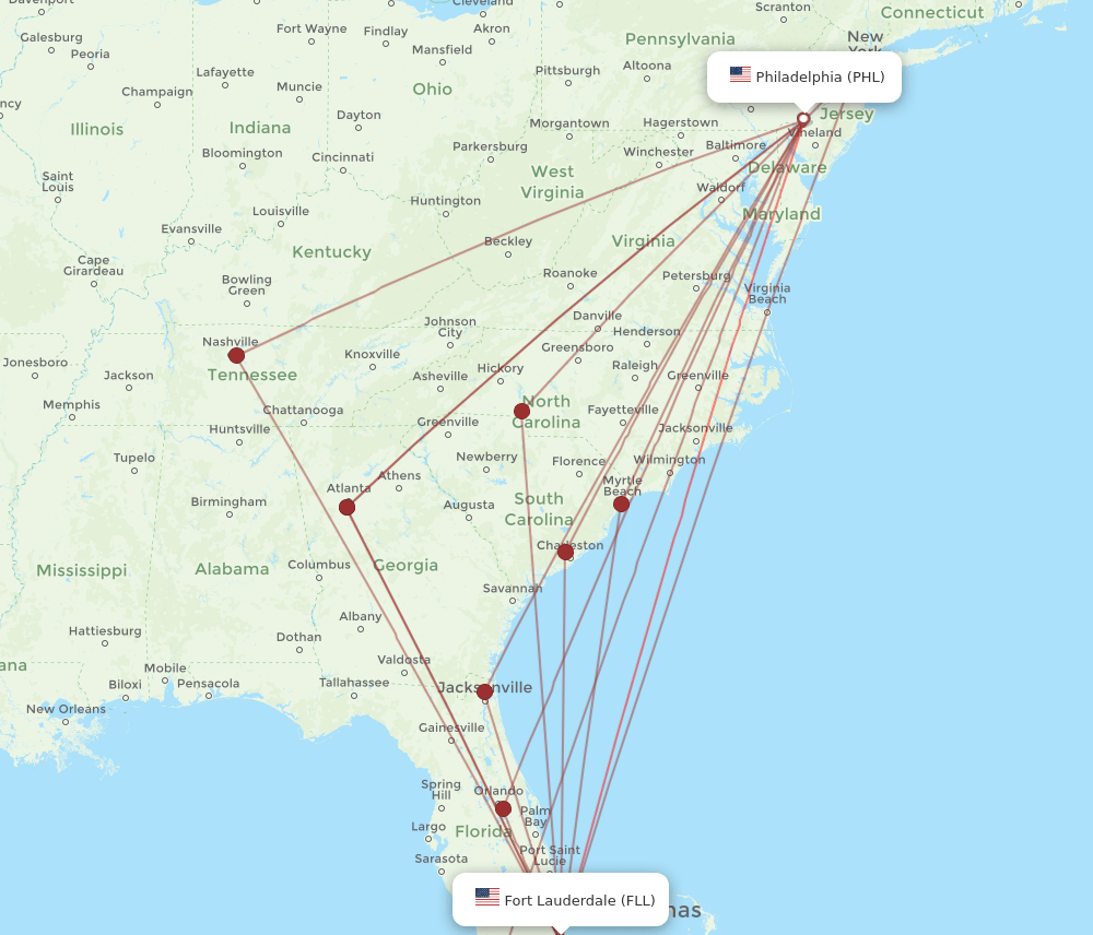 PHL to FLL flights and routes map