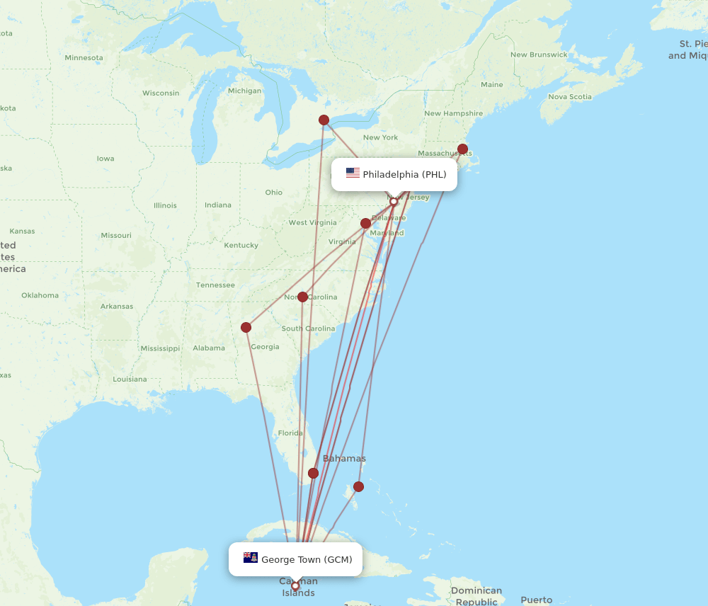 PHL-GCM flight routes