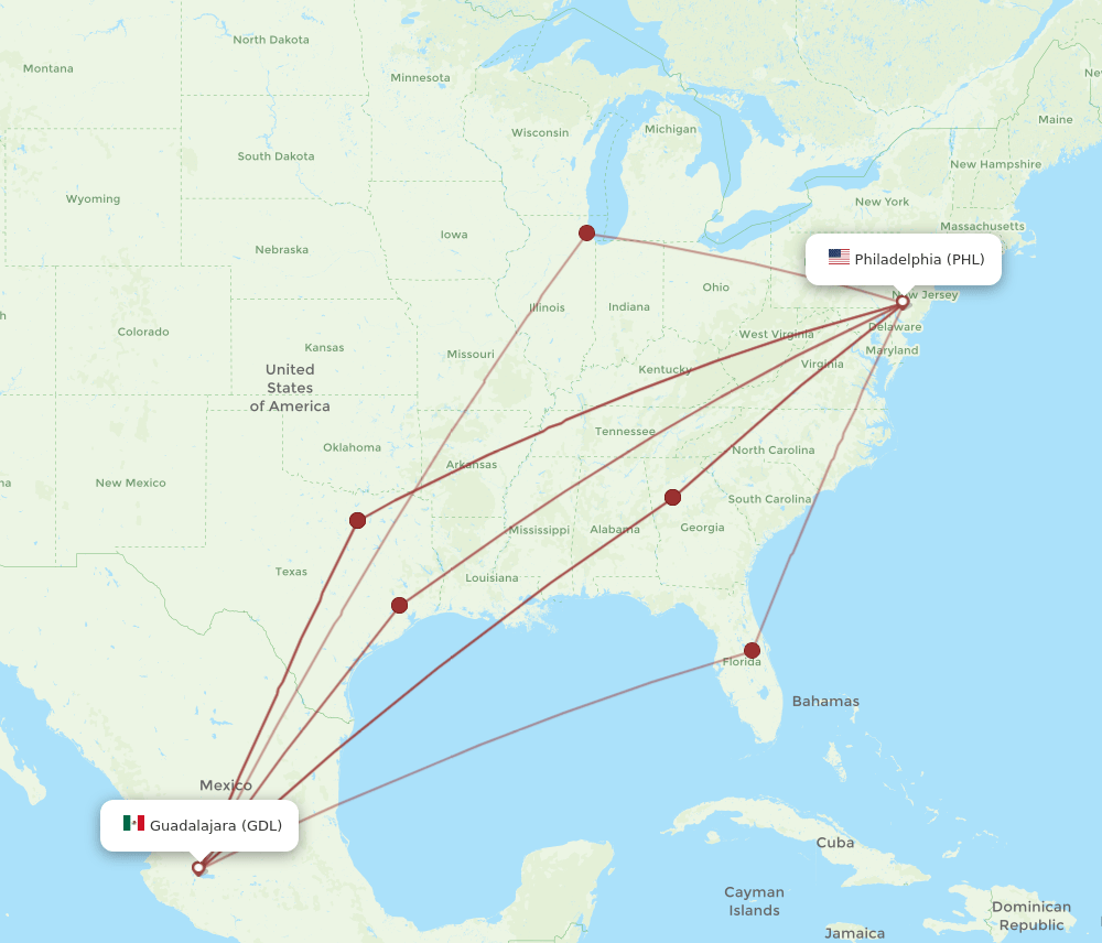 PHL-GDL flight routes