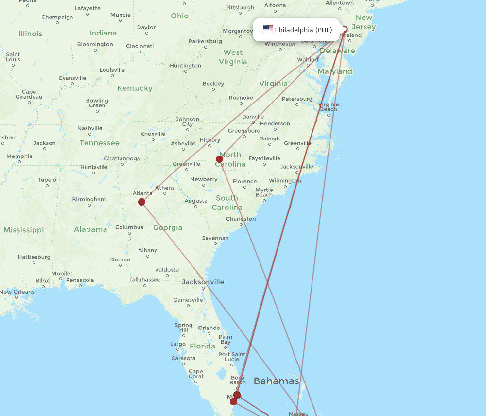 PHL-GGT flight routes