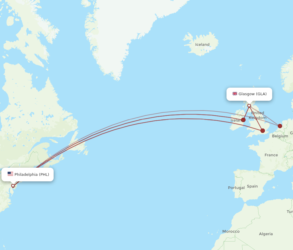PHL to GLA flights and routes map
