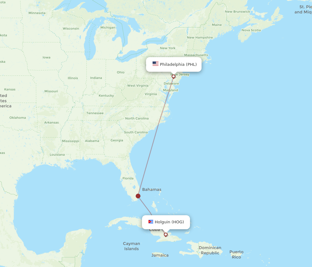 PHL to HOG flights and routes map