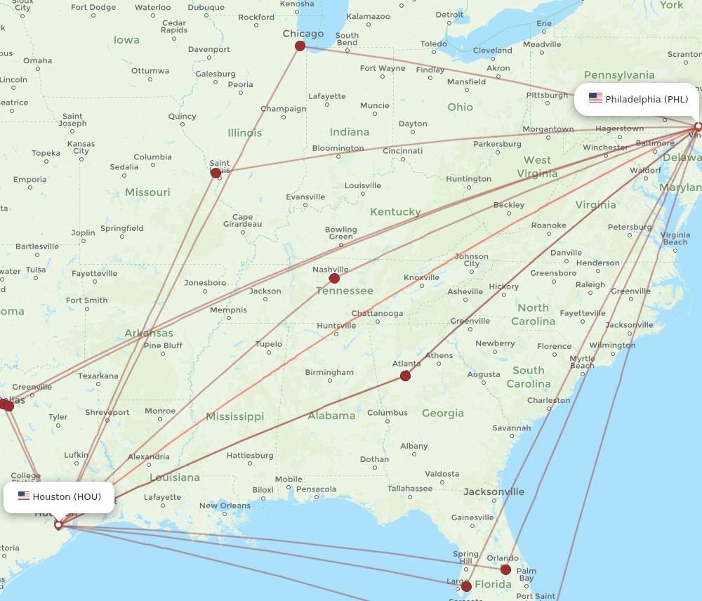 PHL-HOU flight routes