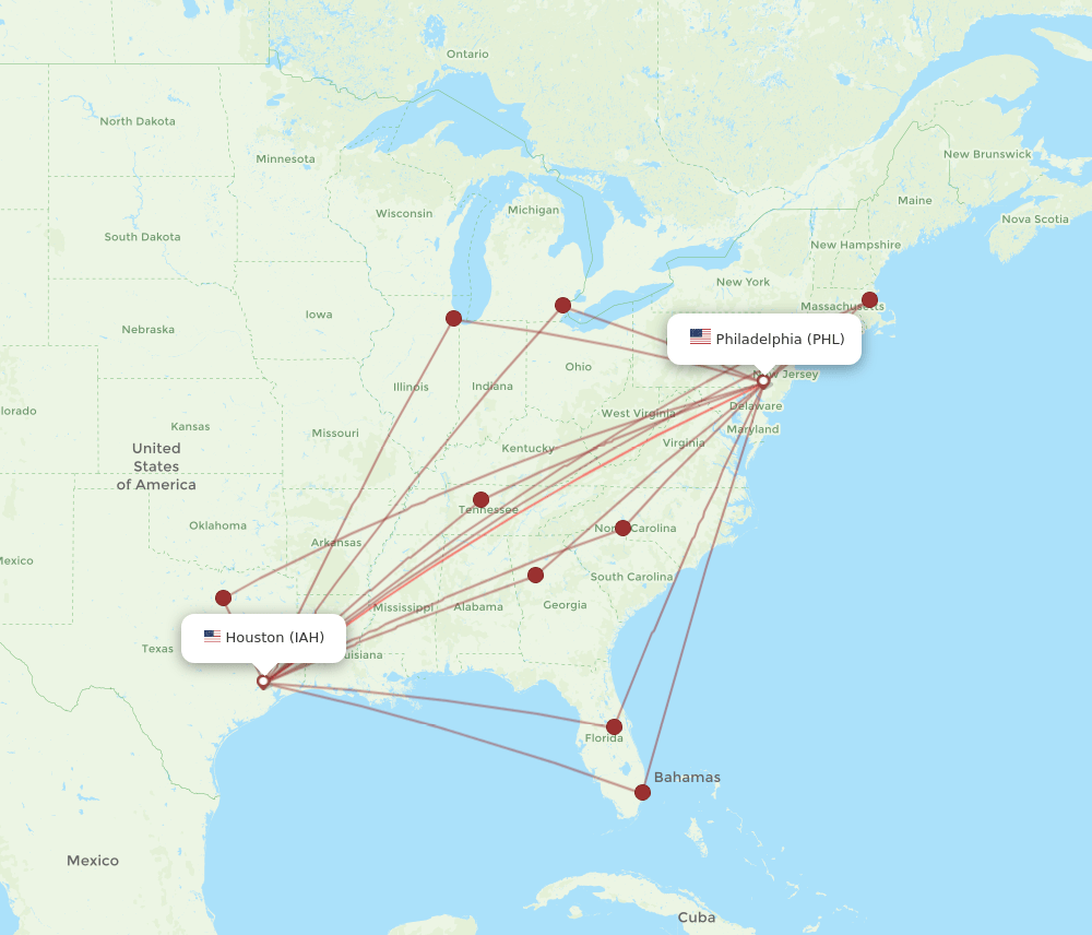 PHL-IAH flight routes