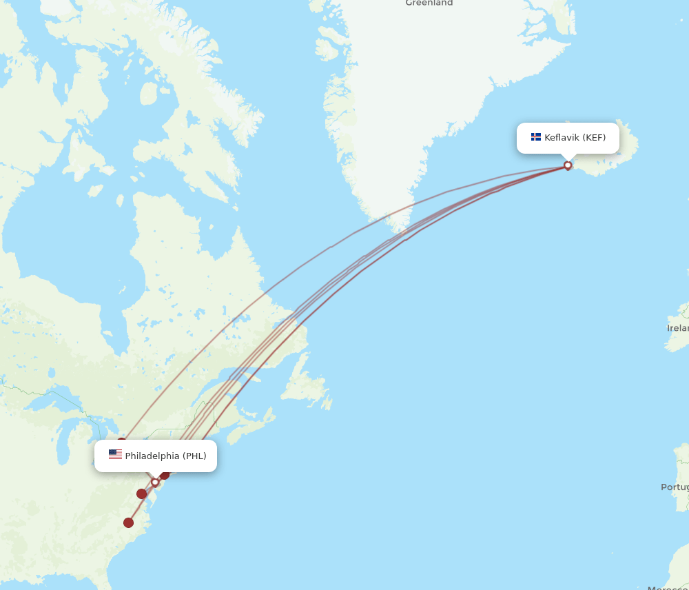 PHL-KEF flight routes