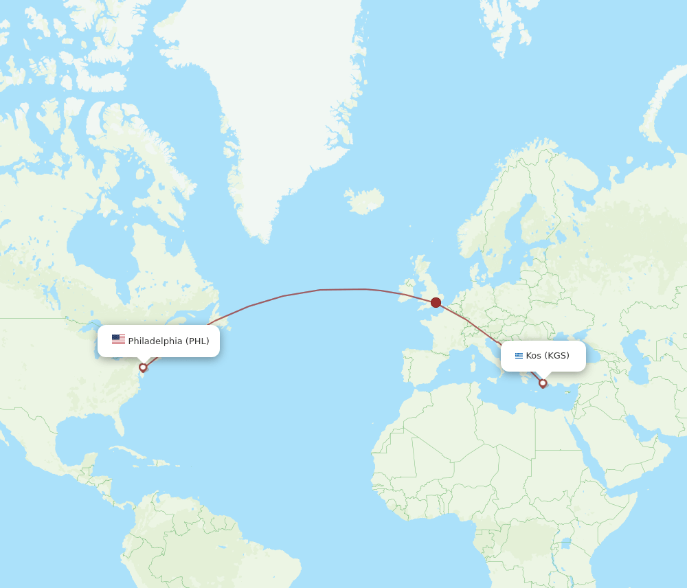 Kos - Philadelphia route map and flight paths