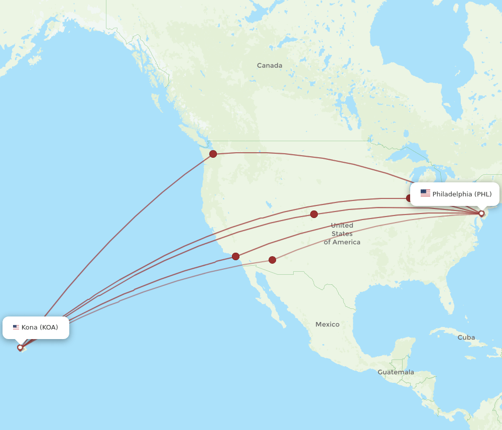 PHL to KOA flights and routes map