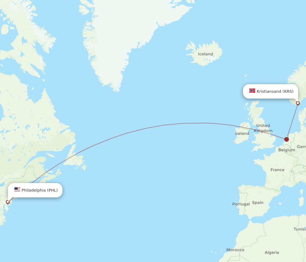 PHL to KRS flights and routes map