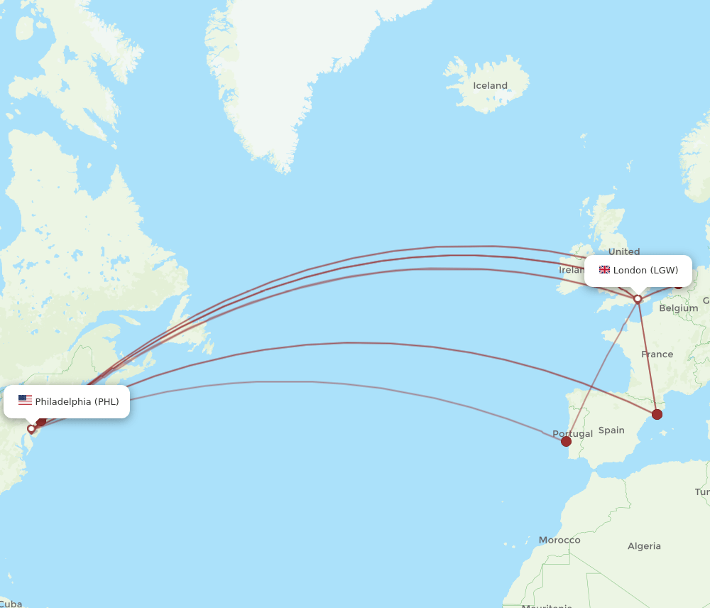 PHL-LGW flight routes