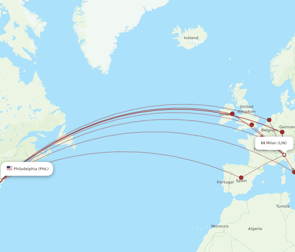 PHL to LIN flights and routes map