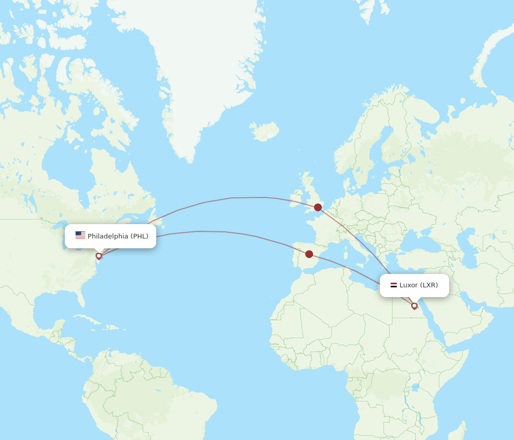 Luxor - Philadelphia route map and flight paths
