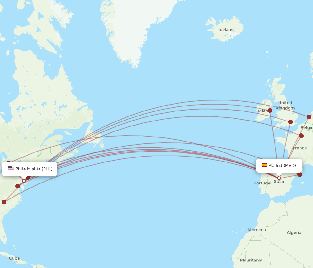 PHL-MAD flight routes