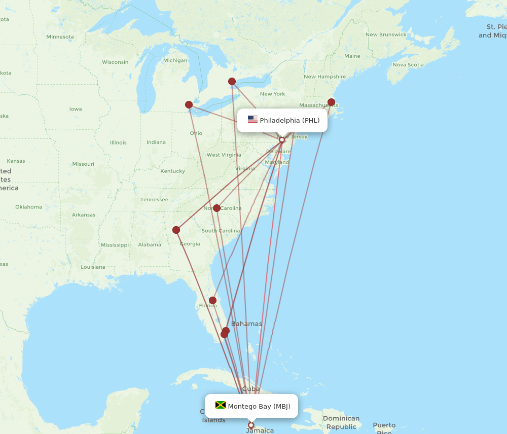 PHL-MBJ flight routes