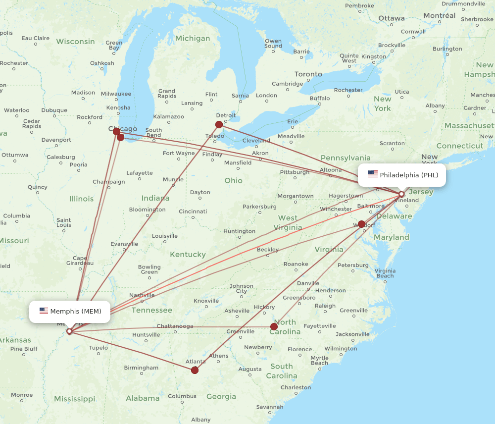 PHL-MEM flight routes