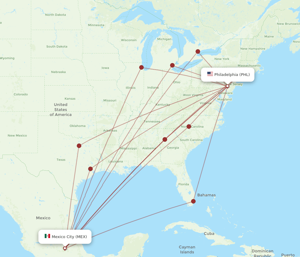 PHL-MEX flight routes