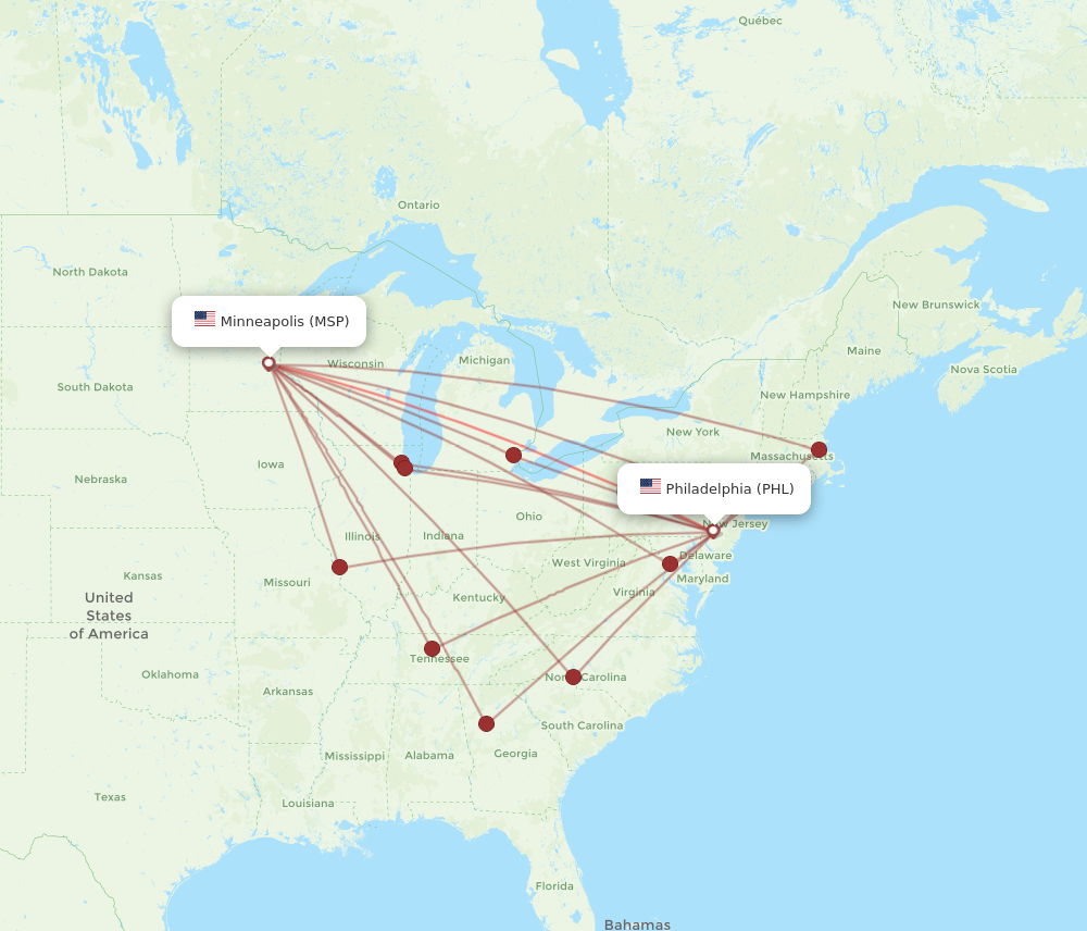 PHL to MSP flights and routes map