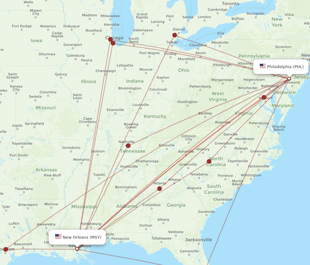 PHL to MSY flights and routes map