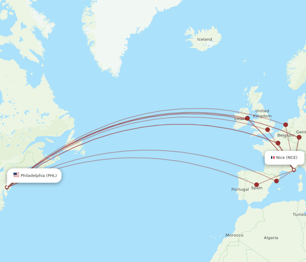 PHL to NCE flights and routes map