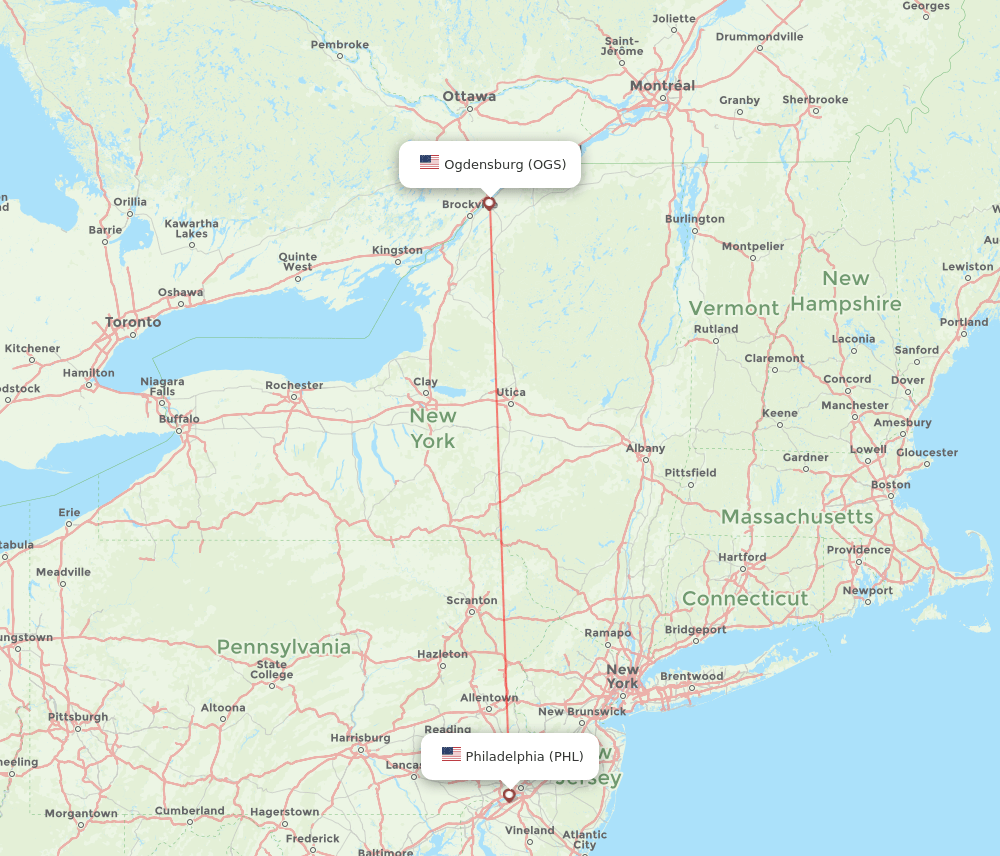Philadelphia - Ogdensburg route map and flight paths
