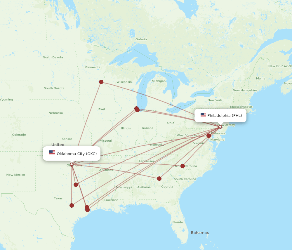 PHL-OKC flight routes
