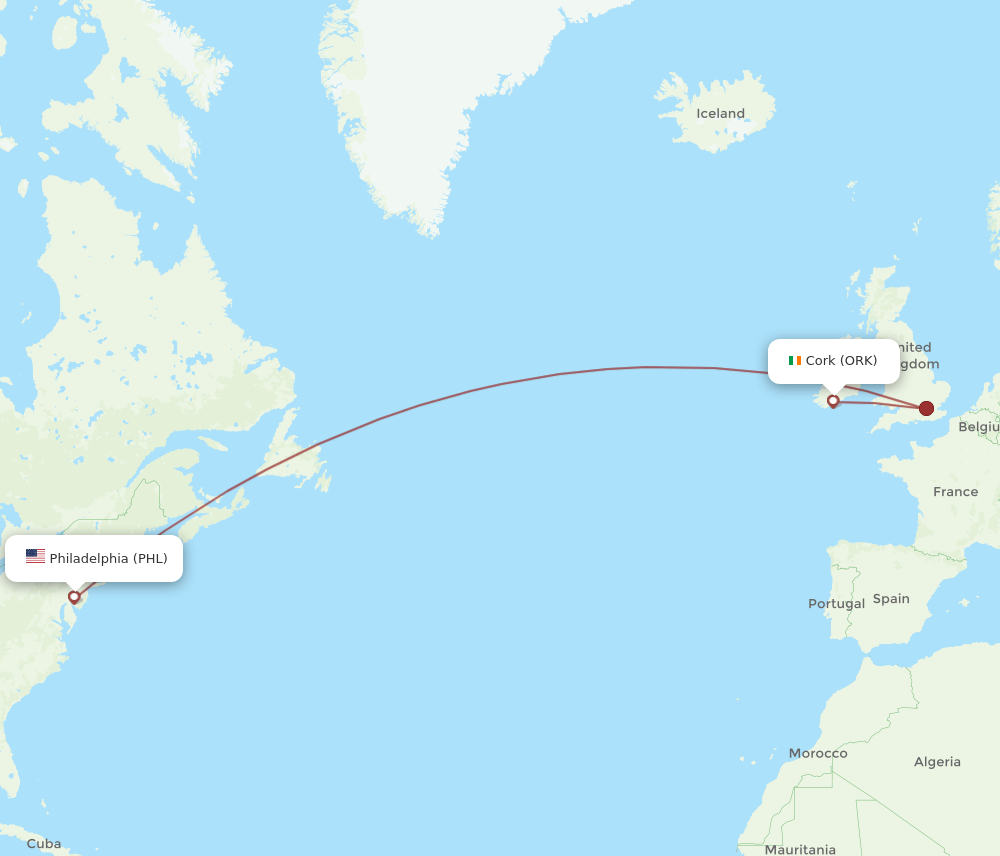 PHL to ORK flights and routes map