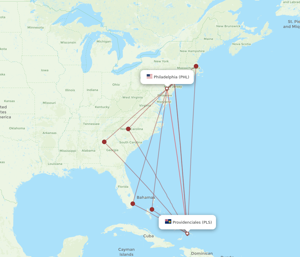 PHL to PLS flights and routes map