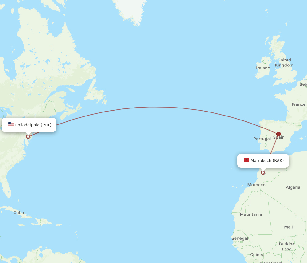 RAK to PHL flights and routes map