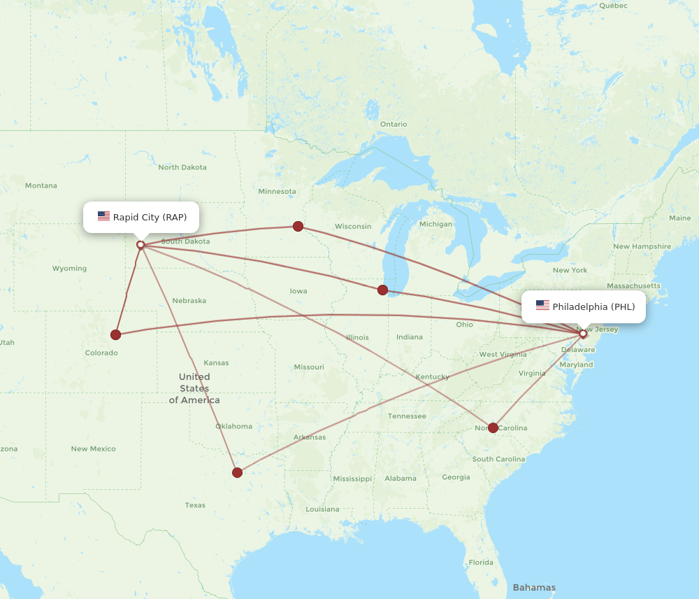PHL to RAP flights and routes map