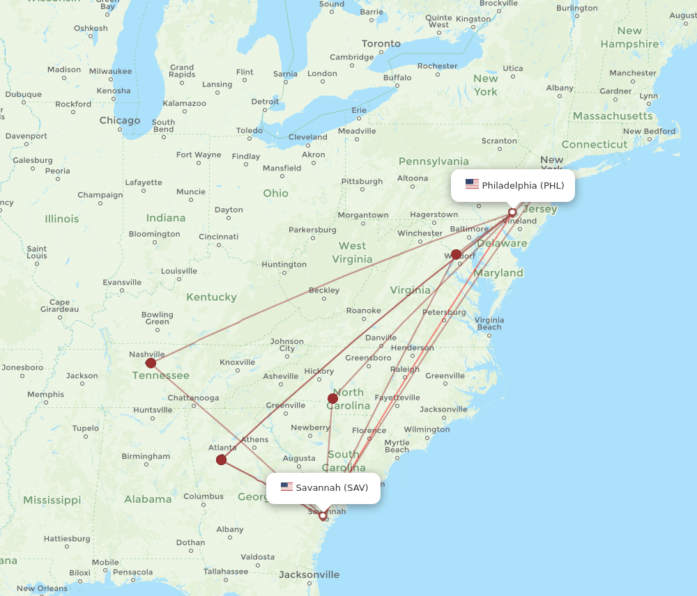PHL-SAV flight routes