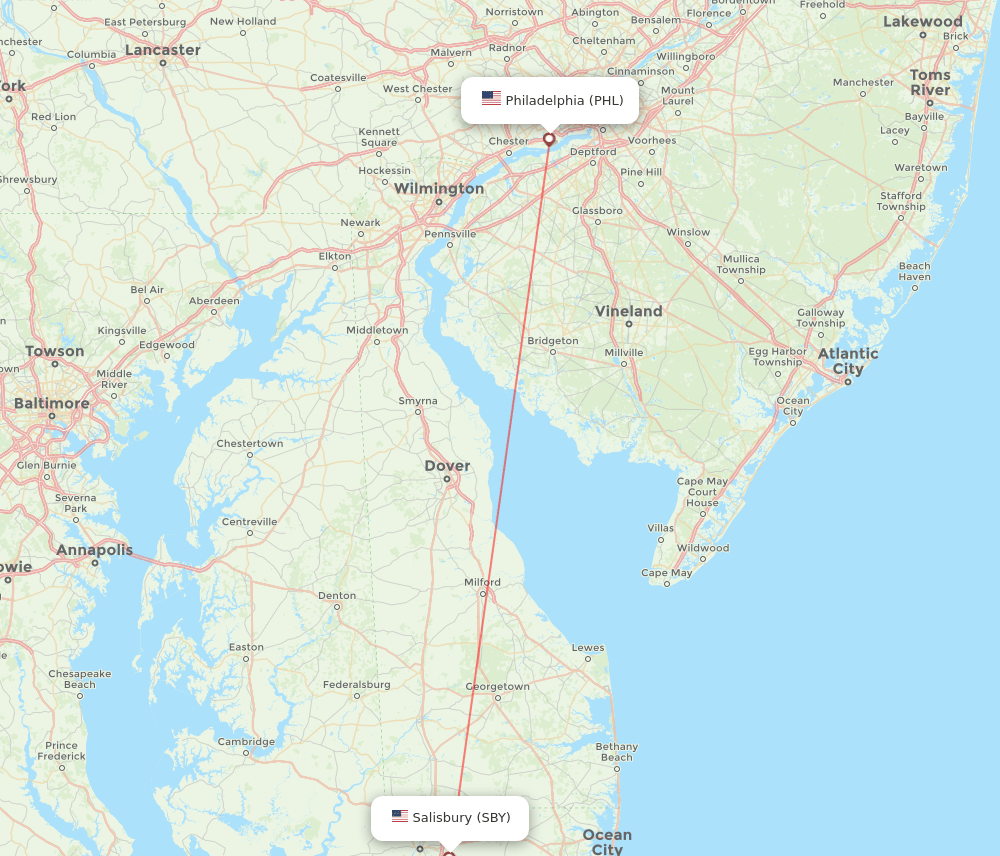 Philadelphia - Salisbury-Ocean City route map and flight paths