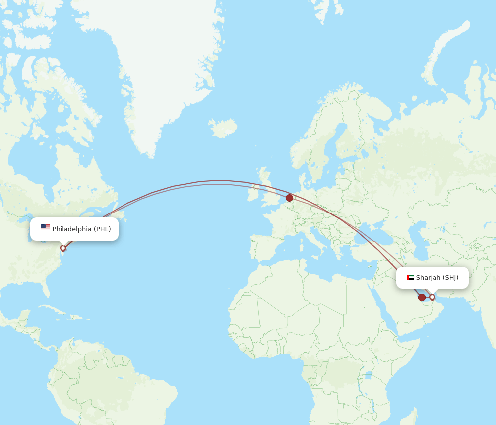 Sharjah - Philadelphia route map and flight paths