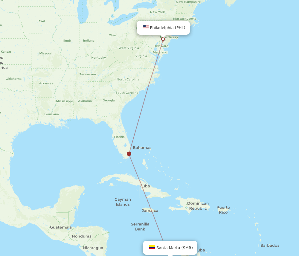 Philadelphia - Santa Marta route map and flight paths